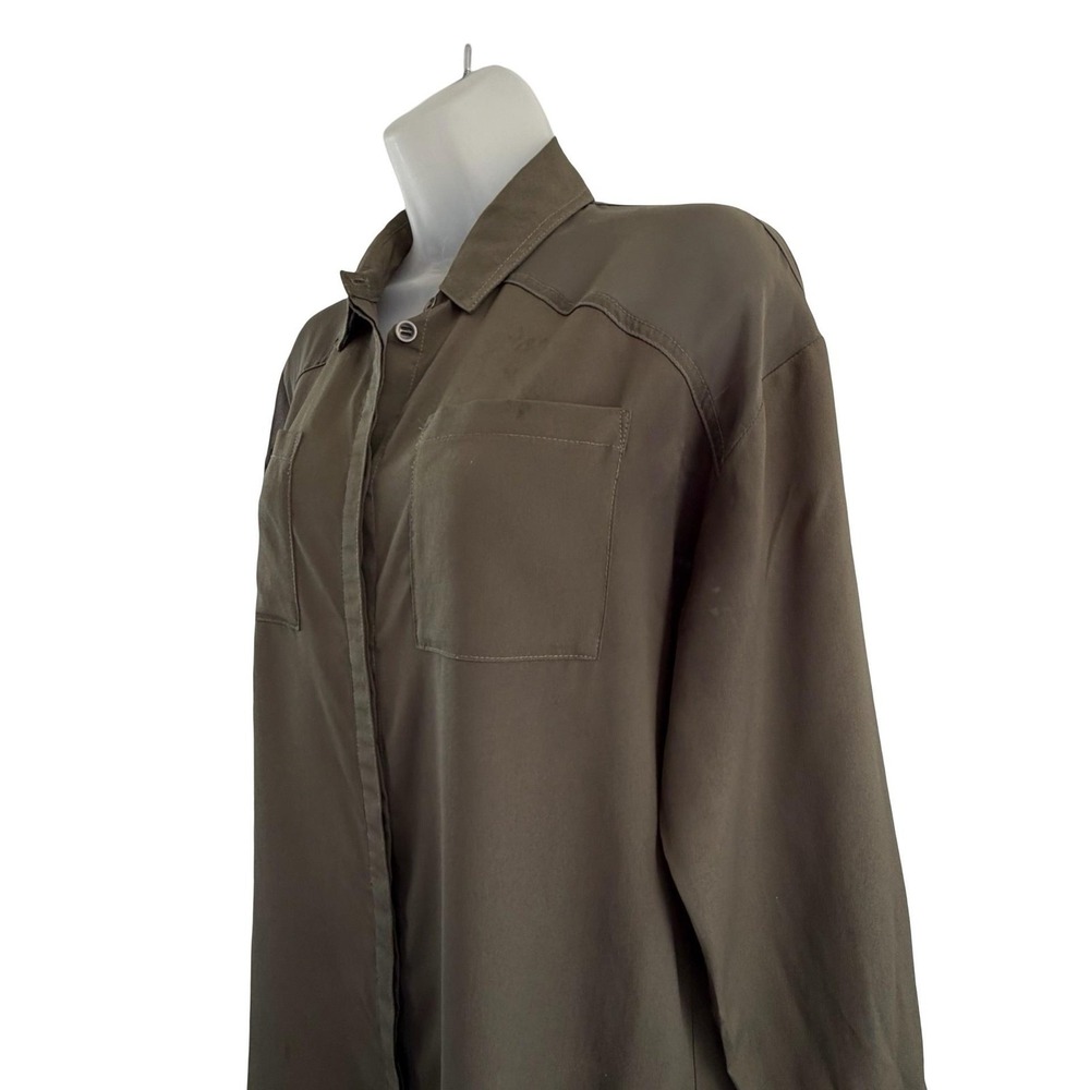 Gestuz Tunic Shirt Womens 34 US 2 Green Sheer Panel Button Utility Army Pockets - Picture 6 of 16